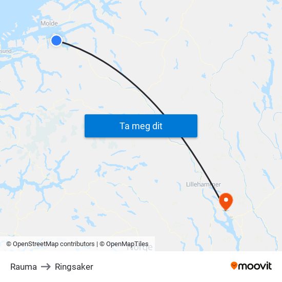 Rauma to Ringsaker map