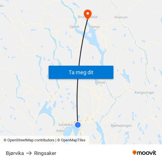 Bjørvika to Ringsaker map