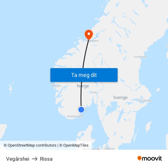 Vegårshei to Rissa map