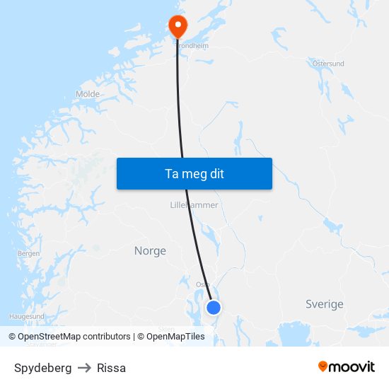 Spydeberg to Rissa map