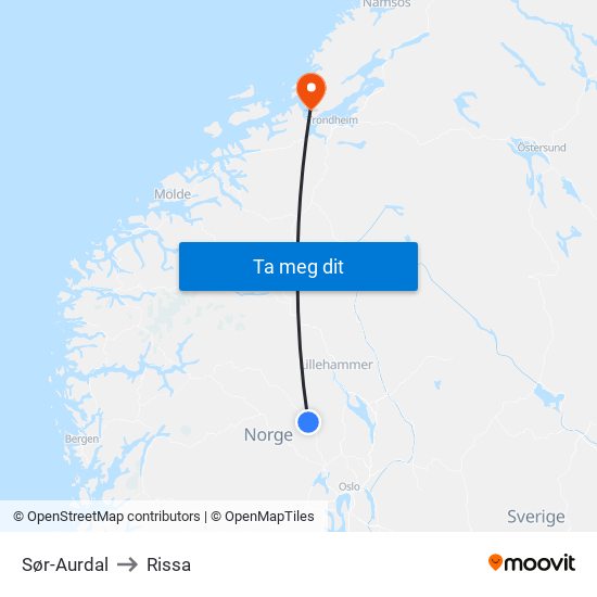 Sør-Aurdal to Rissa map