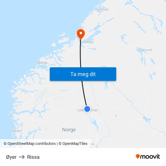 Øyer to Rissa map