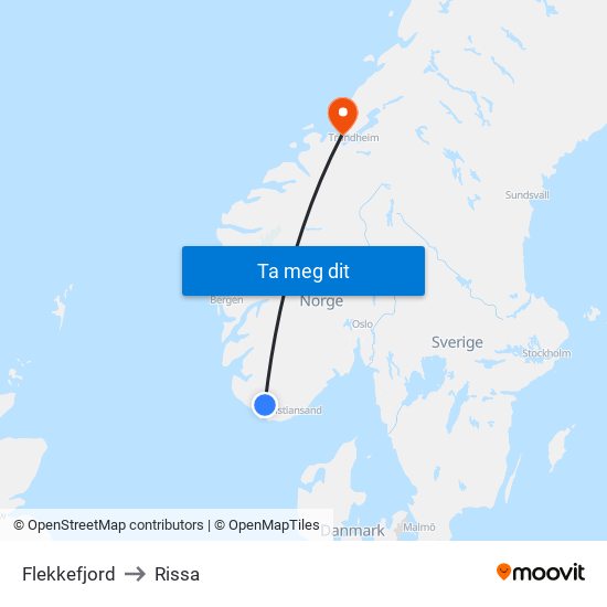 Flekkefjord to Rissa map