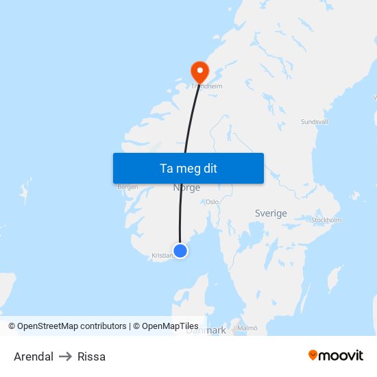 Arendal to Rissa map
