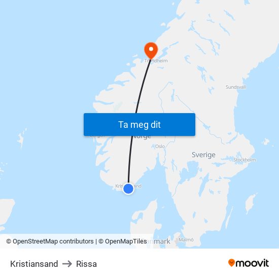 Kristiansand to Rissa map