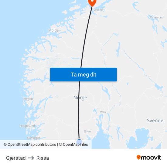 Gjerstad to Rissa map