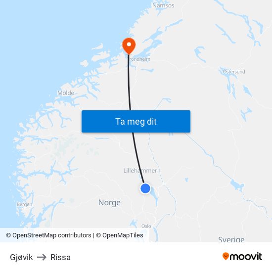 Gjøvik to Rissa map
