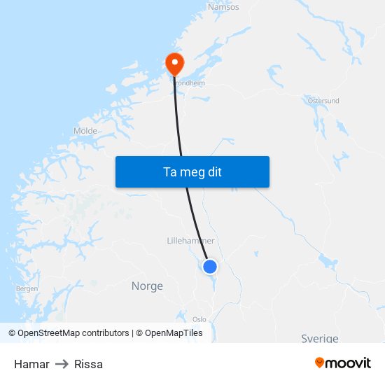 Hamar to Rissa map