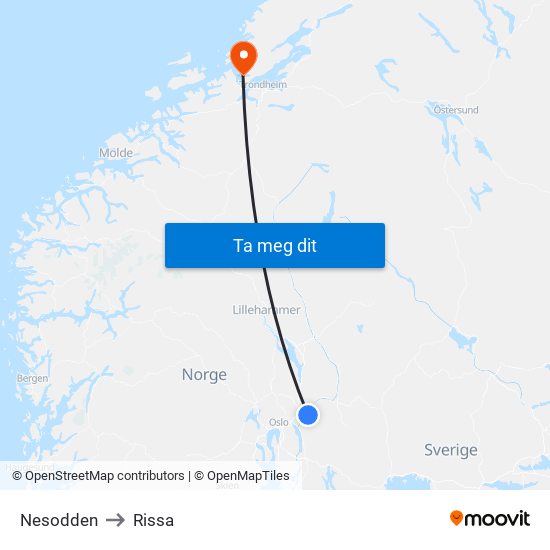 Nesodden to Rissa map