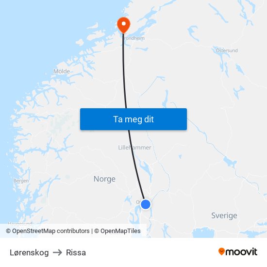 Lørenskog to Rissa map