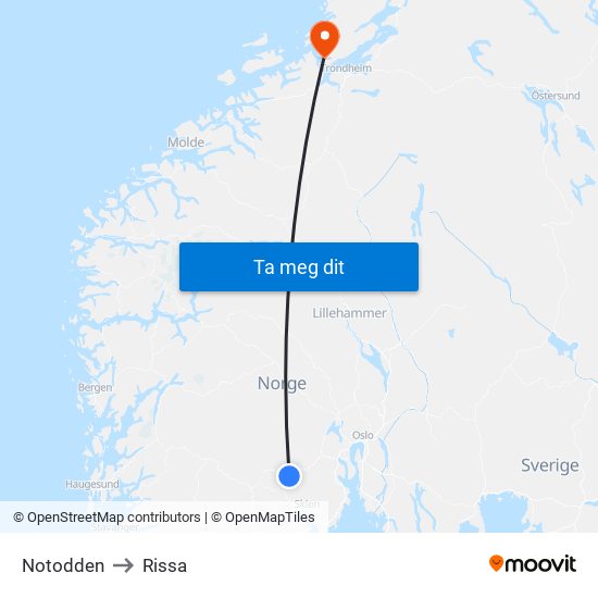 Notodden to Rissa map