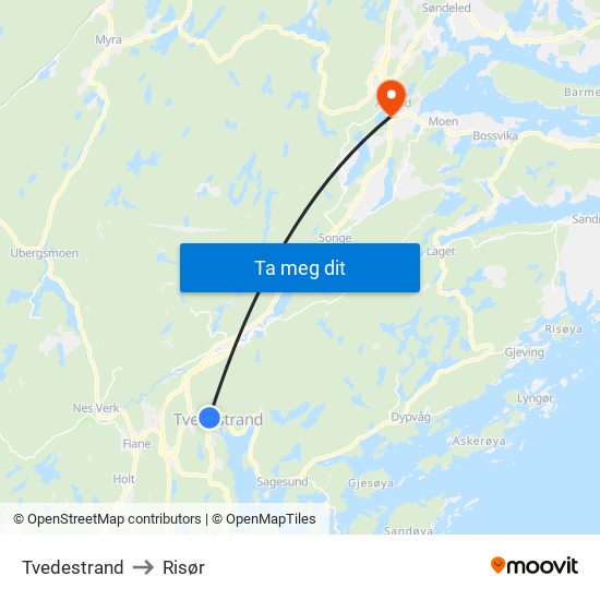 Tvedestrand to Risør map