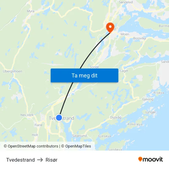 Tvedestrand to Risør map