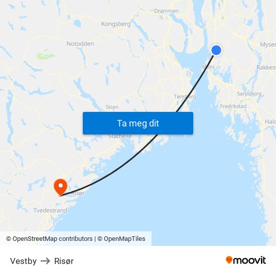 Vestby to Risør map