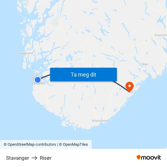 Stavanger to Risør map