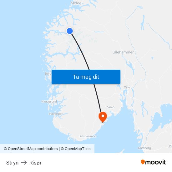 Stryn to Risør map