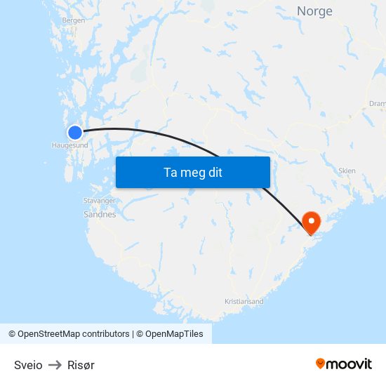 Sveio to Risør map