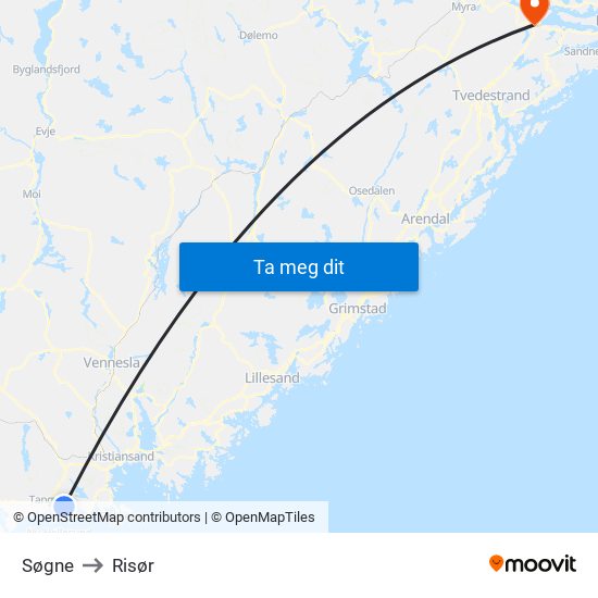 Søgne to Risør map