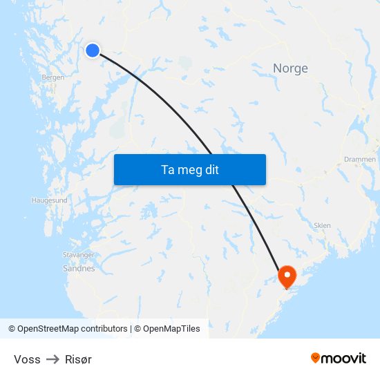 Voss to Risør map