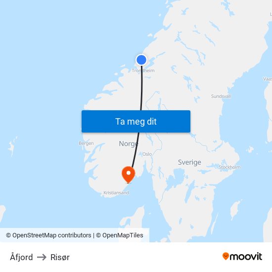 Åfjord to Risør map