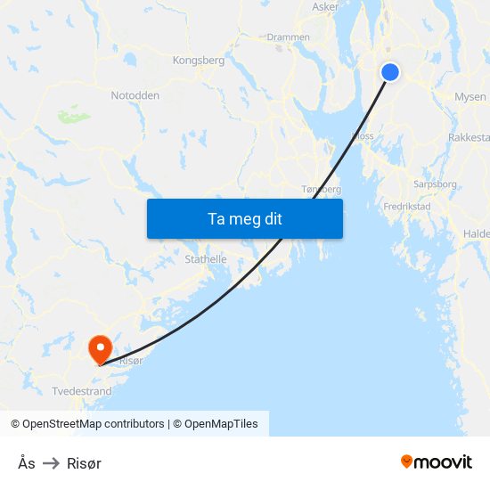 Ås to Risør map