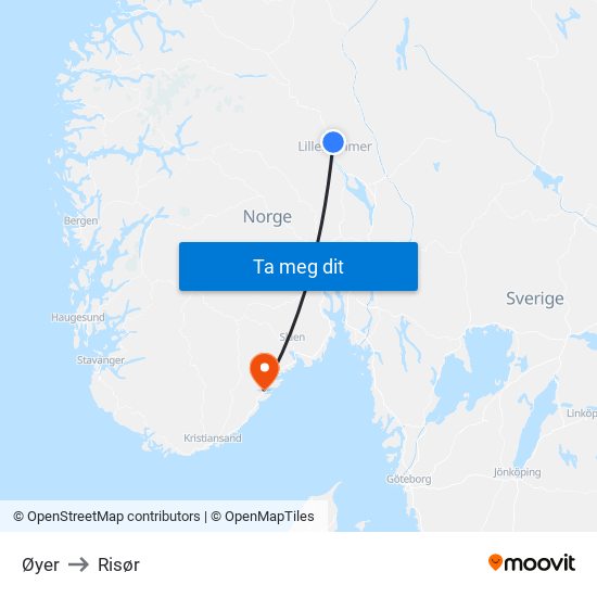 Øyer to Risør map