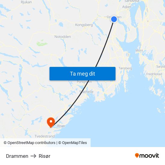 Drammen to Risør map