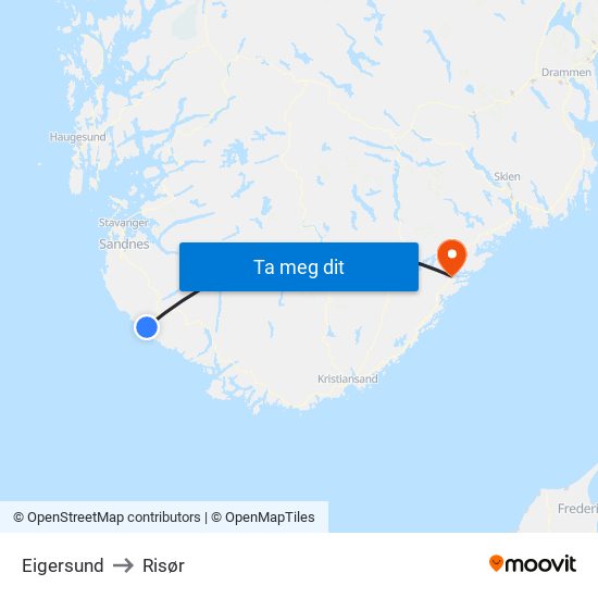 Eigersund to Risør map