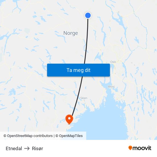 Etnedal to Risør map