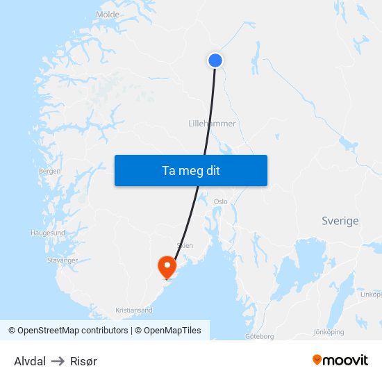 Alvdal to Risør map