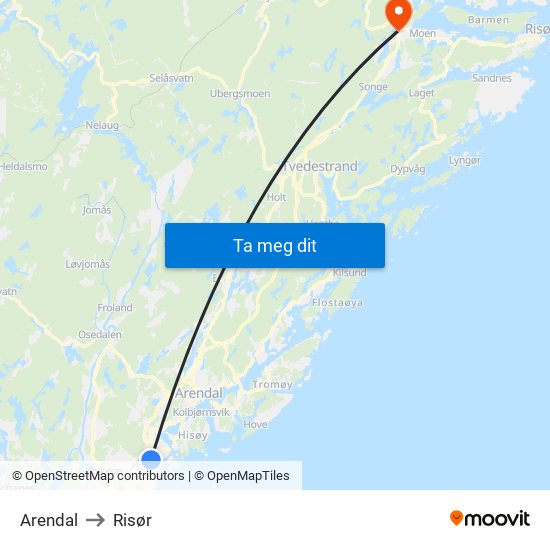 Arendal to Risør map