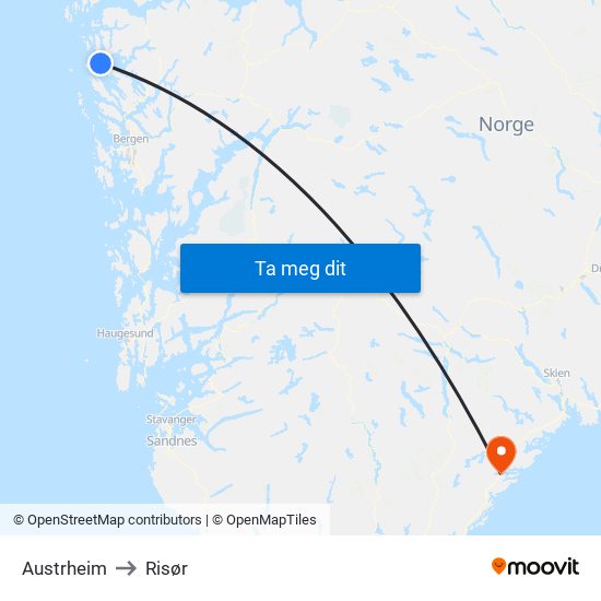 Austrheim to Risør map