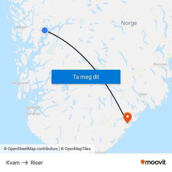 Kvam to Risør map