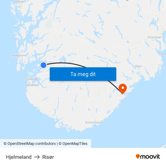 Hjelmeland to Risør map