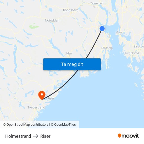 Holmestrand to Risør map