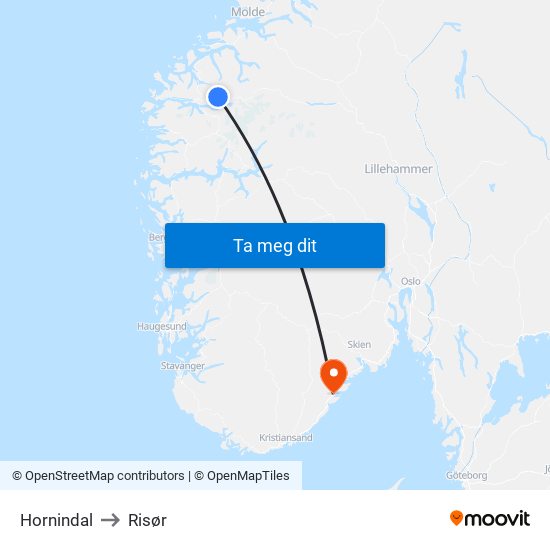 Hornindal to Risør map