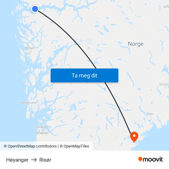 Høyanger to Risør map