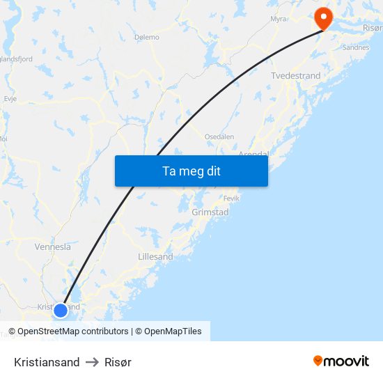 Kristiansand to Risør map