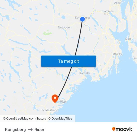 Kongsberg to Risør map