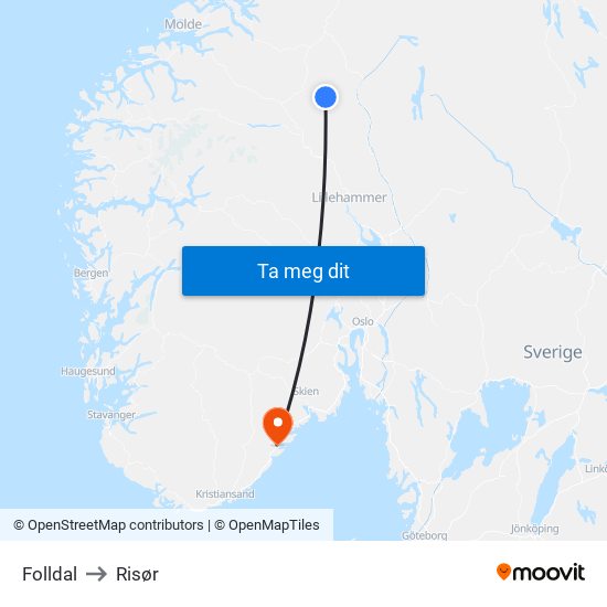 Folldal to Risør map