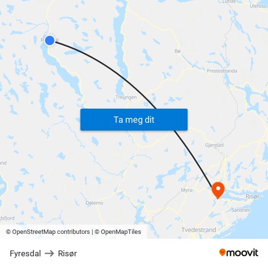 Fyresdal to Risør map