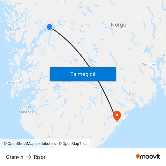 Granvin to Risør map