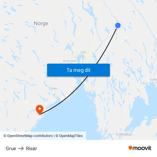 Grue to Risør map