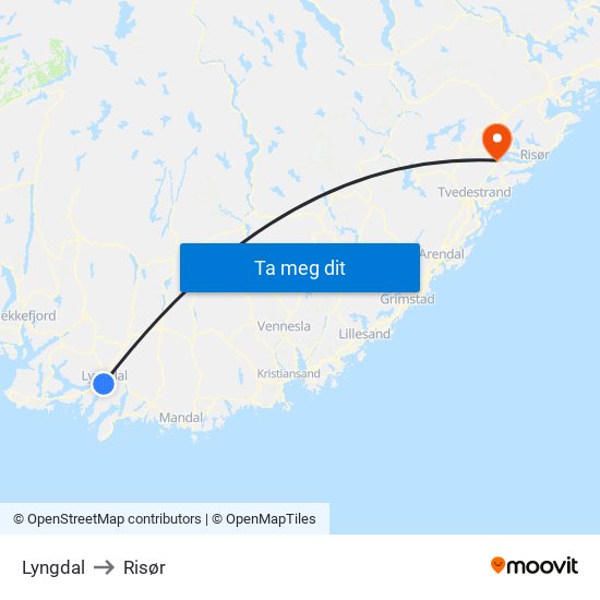 Lyngdal to Risør map