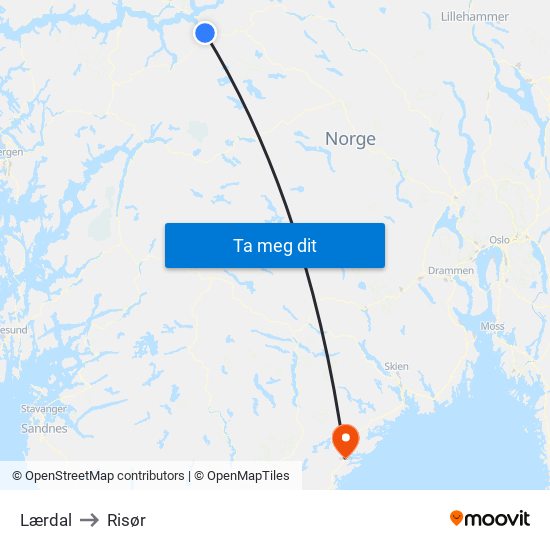 Lærdal to Risør map