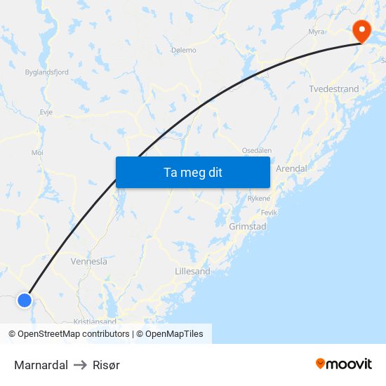 Marnardal to Risør map