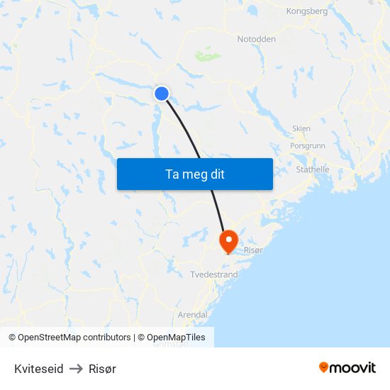 Kviteseid to Risør map