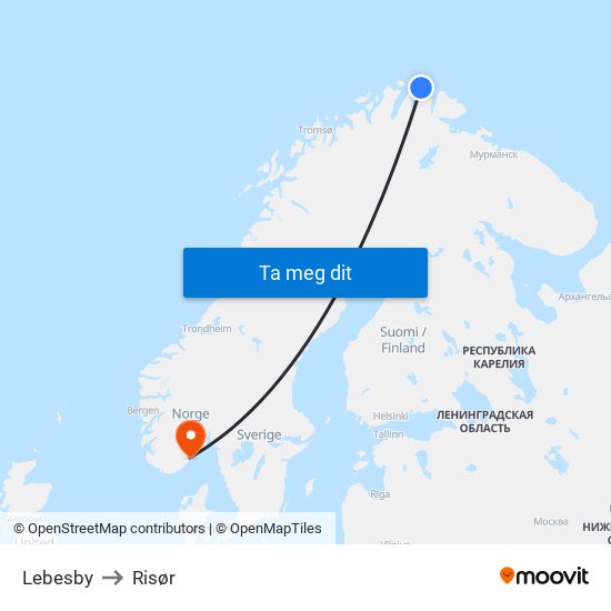 Lebesby to Risør map