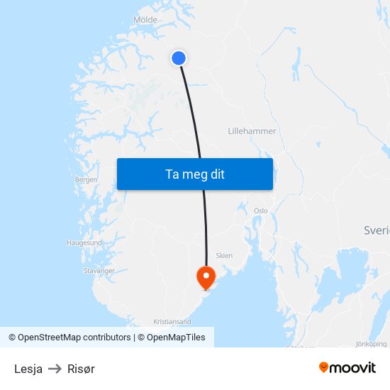 Lesja to Risør map