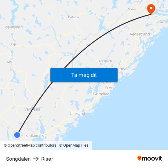 Songdalen to Risør map